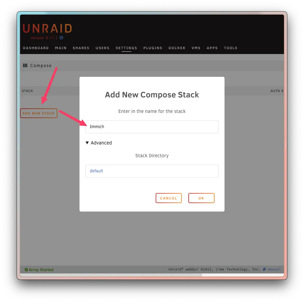 Select Plugins > Compose.Manager > Add New Stack > Label it Immich